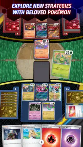Pokémon TCG Live: a match in progress, with both players' benches, decks and prize counts on screen