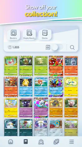Pokémon TCG Pocket: the collection screen, with the cards owned so far laid out in set order
