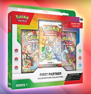 The Pokemon TCG First Partner Illustration Collection Series 1 box, front of the package