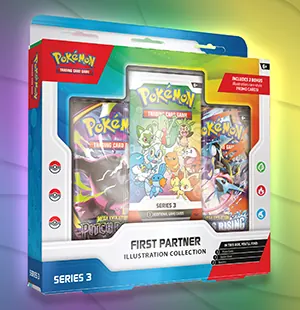 The Pokemon TCG First Partner Illustration Collection Series 3 box, front of the package