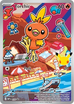 Torchic promo card number 056 from the First Partner Illustration Collection Series 3, Hoenn region, illustrated by Saboteri