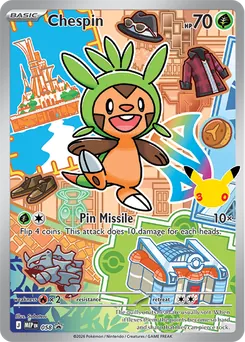 Chespin promo card number 058 from the First Partner Illustration Collection Series 3, Kalos region, illustrated by Saboteri