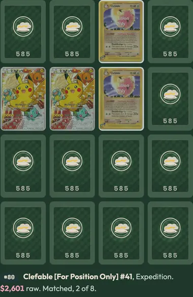 A Chase Match board mid-round: a four by four grid where twelve cards are face down showing the drawn back, a green field with a circular Garbage Plate emblem and 585 beneath it, and four are turned up as two matched pairs of real Pokemon card scans, over a line giving the rank, name, set and raw price of the last card found