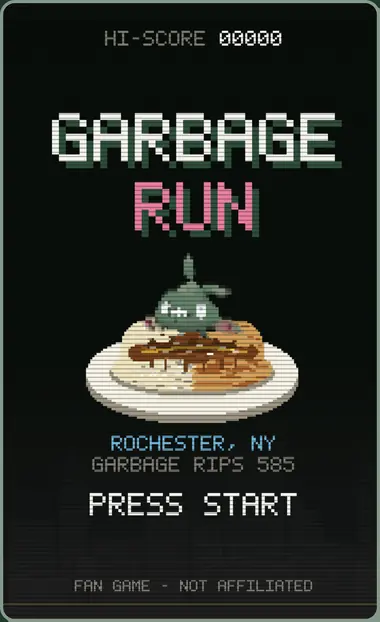 The Garbage Run title screen: GARBAGE RUN in blocky 8-bit capitals, Trubbish sitting on a Garbage Plate, and ROCHESTER, NY over GARBAGE RIPS 585 with PRESS START underneath