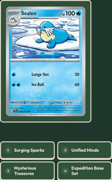 Guess the Set mid-round: a full scan of a real Pokemon card, with four set names to choose from underneath