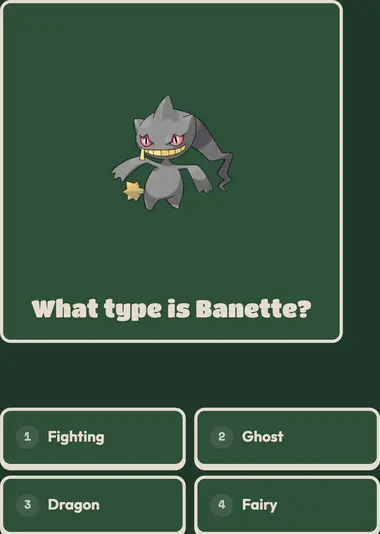 Pokemon Trivia mid-round: artwork of the Pokemon being asked about, the question in large type underneath, and four answers to choose from below that