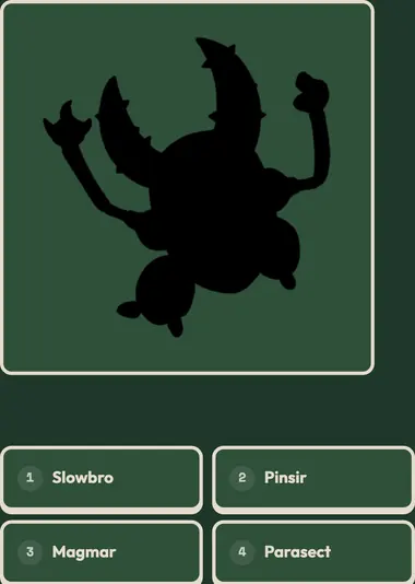 Who's That Pokemon mid-round: a Pokemon blacked out to a silhouette, with four names to choose from underneath